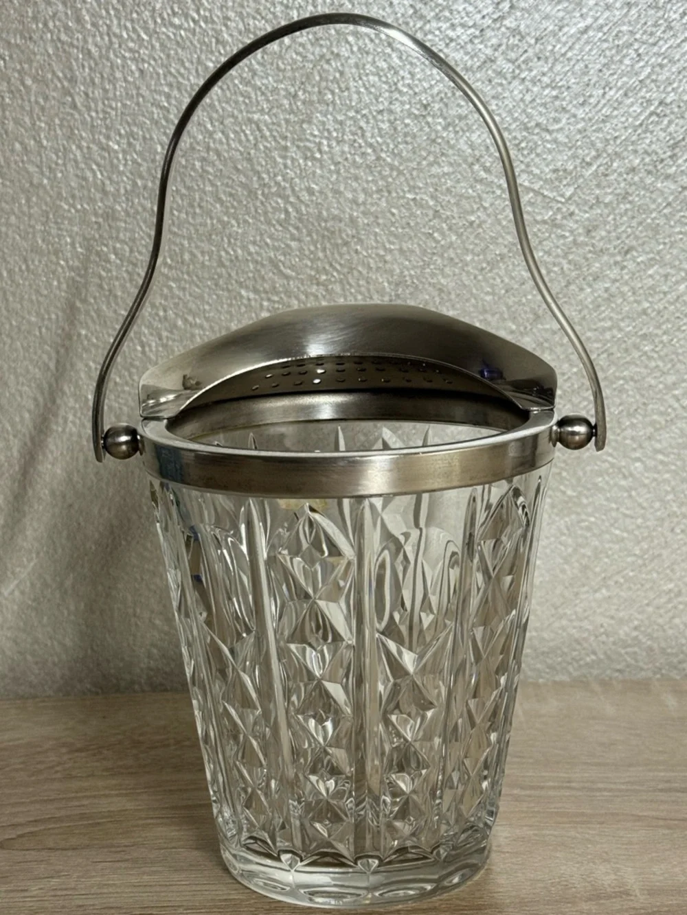 VTG Ice Bucket Val St Lambert Crystal & Silver Plate Handled Signed Barware